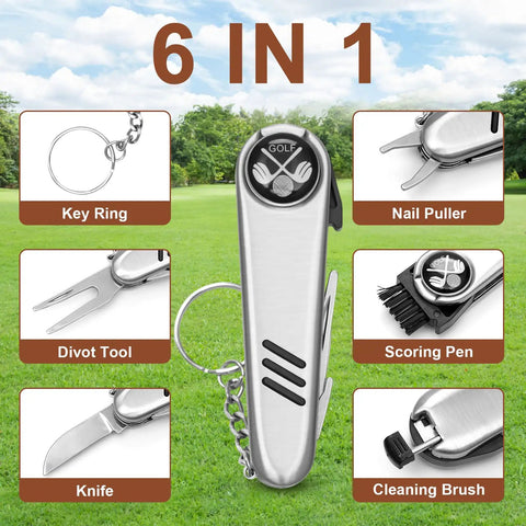 All In One Golf Gift Set For Men And Women With Rangefinder And Multi Function Golf Clubs Balls Brushes Scorekeeper Shafts Clips And Gift Box Complete On Course Accessory Kit showing 6-in-1 tool with key ring, nail puller, divot tool, pen, knife, and brush