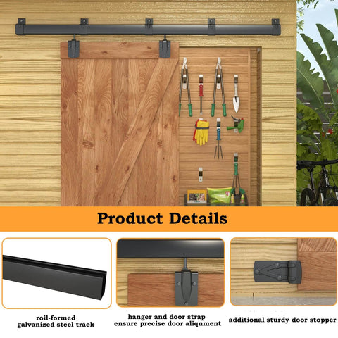 8Ft Black Exterior Barn Door Hardware Kit with Heavy Duty Sliding Rail, wall-mounted, supporting 450 lb, galvanized steel track