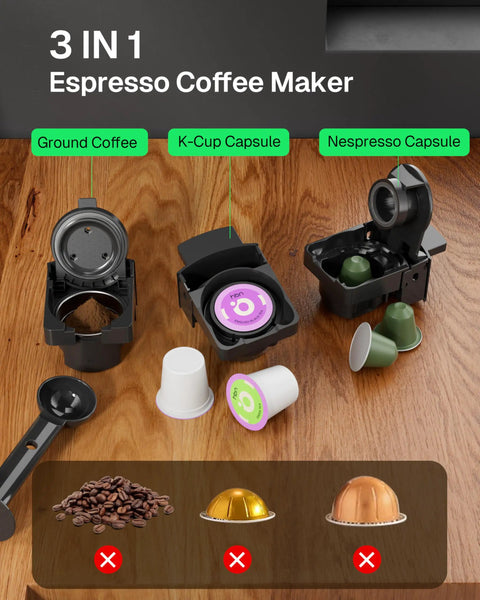 3 In 1 Universal Coffee Machine For Nespresso Original Line Pods K Cup Pods And Ground Coffee brewing compartments open