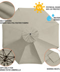 9 Foot Replacement Canopy for 8 Rib Market Patio Umbrella Beige Canopy Only, 500 Denier Polyester, top view with features.