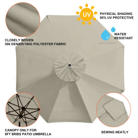 9 Foot Replacement Canopy for 8 Rib Market Patio Umbrella Beige Canopy Only, 500 Denier Polyester, top view with features.