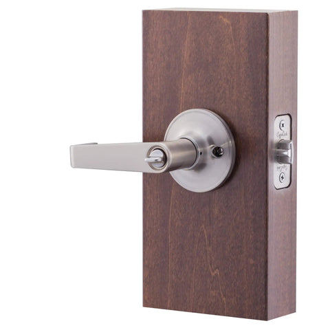 Keyed Entry Lever With Exterior Key And Interior Turn Button In Satin Nickel For Front Door And Home Office, installed on wood