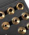 Close-up of WEN solid brass router template and guide bushing set in a black case; 11 brass bushings
