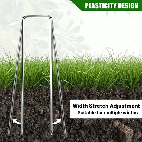 52 Pack 6 Inch Heavy Duty 11 Gauge Landscape Staples With Adjustable Width From 1.26 To 2 Inches shown in garden soil