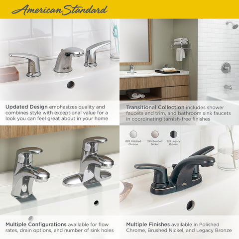 Collage showcasing Colony Pro 8 Inch Widespread Two-Handle Low Arc Bathroom Faucet With Pop-Up Drain Assembly 1.2 GPM Polished Chrome Finish.