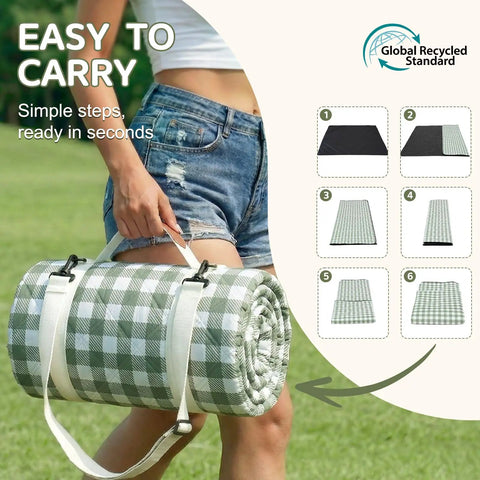 Waterproof Extra Large Picnic Blanket 80x80 Inches For Beach And Outdoor Camping rolled, checkered green design, easy to carry