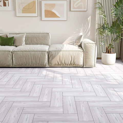 Living room with Coastal White Wood Grain Peel And Stick Vinyl Flooring Planks 6x36 In Waterproof Self Adhesive Floor Tiles Easy Install