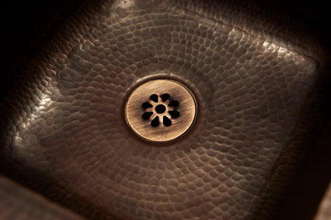 Close-up of Pollock Undermount Bar Prep Sink Handmade Pure Solid Copper Zero Hole 12-Inch Aged Copper Kitchen Sink for Wet Bar