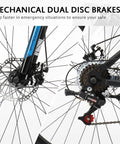 Close-up of dual disc brakes on 27.5 Inch Mountain Bike With Suspension Fork, Dual Disc Brakes, 21 Speed Shifting, For Men And Women, Lightweight Carbon Frame, Adjustable Ergonomic Seat, Blue Trail Ready Beast.