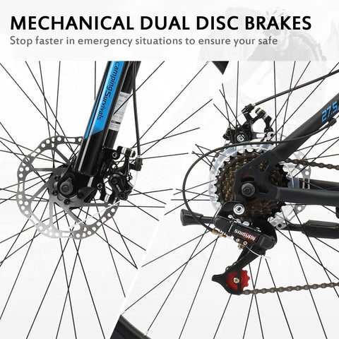 Close-up of dual disc brakes on 27.5 Inch Mountain Bike With Suspension Fork, Dual Disc Brakes, 21 Speed Shifting, For Men And Women, Lightweight Carbon Frame, Adjustable Ergonomic Seat, Blue Trail Ready Beast.