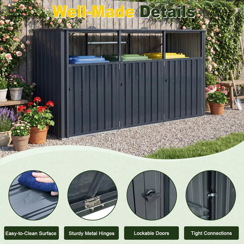 Heavy Duty Outdoor Trash Can Storage Shed For Three Bins With Flip Up Lids And Lockable Doors Galvanized Steel Utility Enclosure