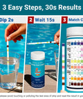 Instruction steps for using 8-In-1 Pool Test Strips Kit For Salt Water Pools And Hot Tubs, 150-Count, quick and accurate readings