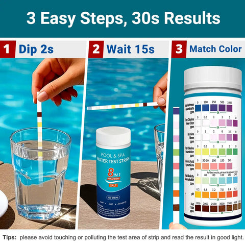 Instruction steps for using 8-In-1 Pool Test Strips Kit For Salt Water Pools And Hot Tubs, 150-Count, quick and accurate readings