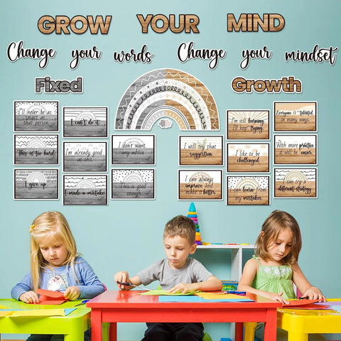 29 Piece Growth Mindset Poster Set With Adhesive Dots Industrial Classroom Bulletin Board Decor with kids crafting.