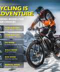 Cyclist riding Dual Motor Fat Tire Electric Bike For Adults, 6000W Peak Power, various riding modes visible, mountain background