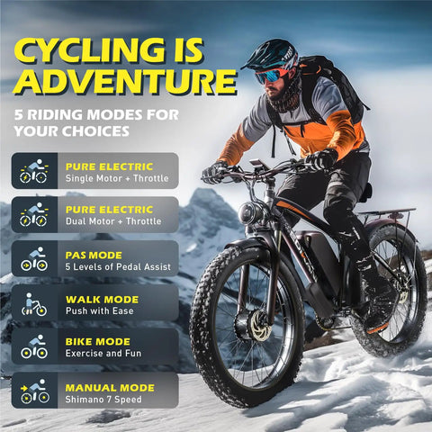 Cyclist riding Dual Motor Fat Tire Electric Bike For Adults, 6000W Peak Power, various riding modes visible, mountain background
