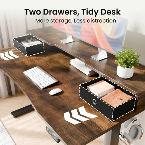 Realbear 48 By 24 Inch Electric Standing Desk With Two Convenient Drawers And A Dual Monitor Shelf featuring a tidy workspace with storage.