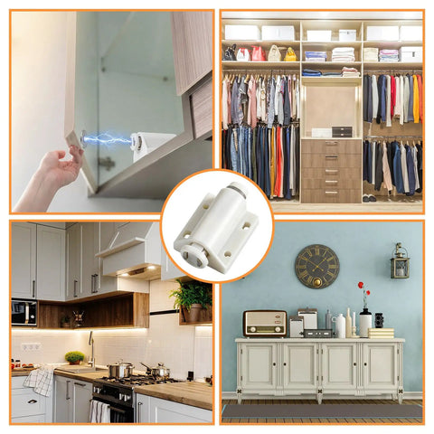 10 Pack Magnetic Touch Latch Set For Push To Open Cabinet Doors installed in kitchen and closet