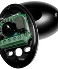 Close-up view of infrared beam sensor for automatic sliding garage doors, showing internal components and black casing.