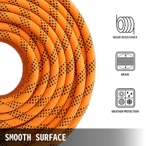 Close-up of the 9/16 Inch Double Braid Polyester Rope 200 Ft Heavy Duty Pulling Line For Towing And Rigging 1100 Lbs Load Capacity, orange with black pattern.