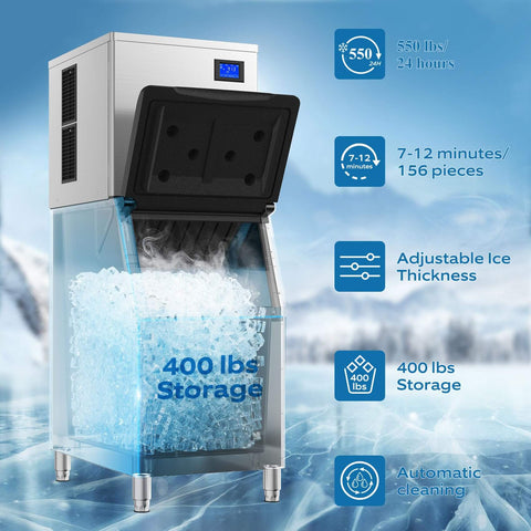 Commercial Ice Maker Machine For Restaurants And Bars Big Industrial Freestanding Stainless Steel Ice Machine That Cranks Out 550 Lbs Per Day With 400 Lbs Storage Ice Ready In 7 To 12 Minutes Clear Cube Ice Energy Efficient Copper Compressor