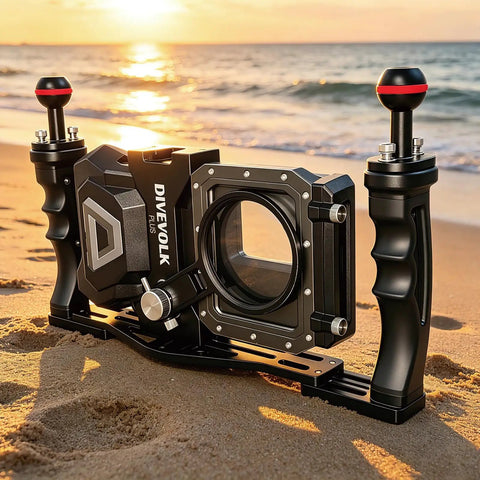 Beefy Dual Handle Underwater Camera Tray Bracket With Standard Quarter Inch 20 Thumb Screws on sandy beach at sunset