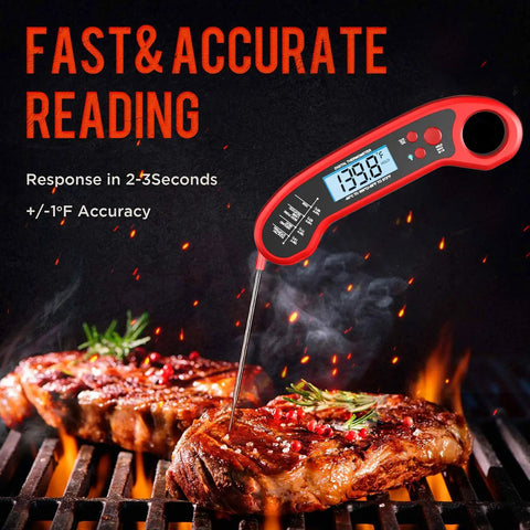 Instant Read Digital Meat Thermometer For Grill And Kitchen Waterproof Outdoor BBQ Thermometer inserted in grilled steak