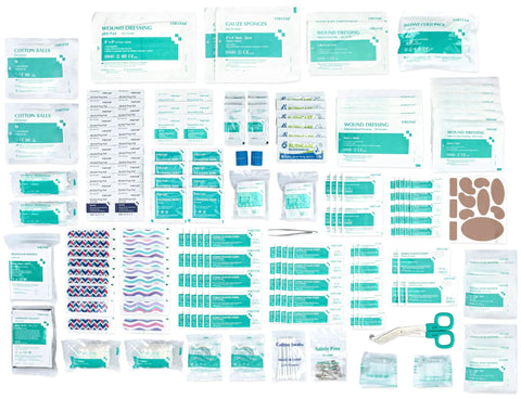 Front view of assorted first aid supplies in teal and white packaging laid out on white background