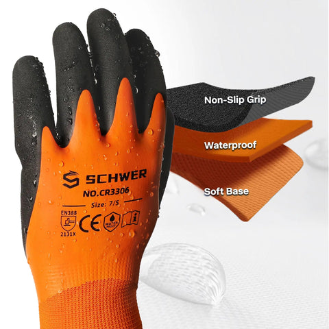 Waterproof Work Gloves for Men and Women, Double Latex Coated, Non Slip Grip, Size Large close-up view with features