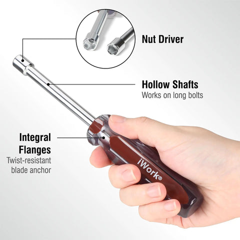 Color Coded SAE Nut Driver Set, 7-Piece With 1/2, 7/16, 3/8, 11/32, 5/16, 1/4, 3/16 Inch Sizes, shown with hollow shaft and color handle