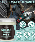 White High Temperature Lubricating Grease for Power Tools and Machinery jar shown with images of power tool usage and benefits circles.