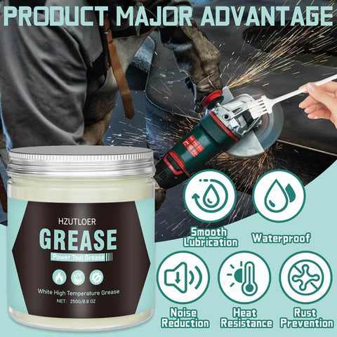 White High Temperature Lubricating Grease for Power Tools and Machinery jar shown with images of power tool usage and benefits circles.