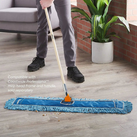 Person using Heavy Duty Loop End Cotton Dust Mop Head 36 Inches Wide Blue for cleaning hard surfaces.