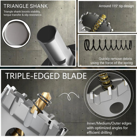 Heavy Duty 20 Piece Carbide Hole Saw Kit 1/2 To 2-1/8 Inch features triangle shank and triple-edged blade for efficient drilling.