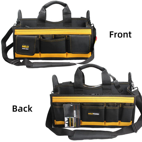 Front and back view of 17 Inch Open Top Electrician Tool Bag With Shoulder Strap HVAC Pro Carrier Center Plastic Tray 30 Pockets
