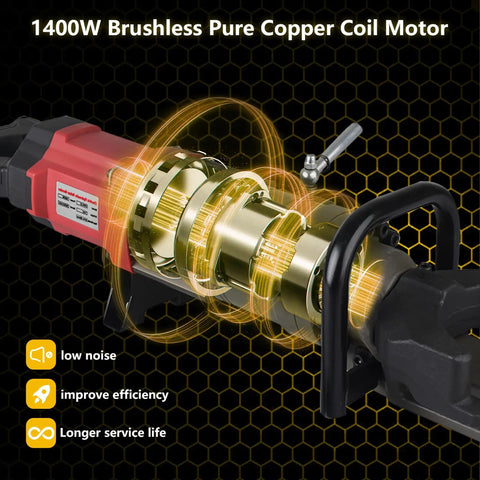 Heavy Duty Electric Rebar Bender 1400W Hydraulic Steel Bar Bending Machine showing 1400W brushless copper motor design for efficient bending.