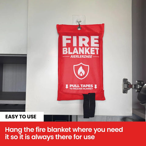 Red pouch holding a Two Pack Forty By Forty Fire Blanket For Kitchen Grill Car And Camping Fiberglass Heavy Duty Heat Resistant To 1076F CE Certified No Mess Fire Suppression Maintenance Free Home Safety No Brainer