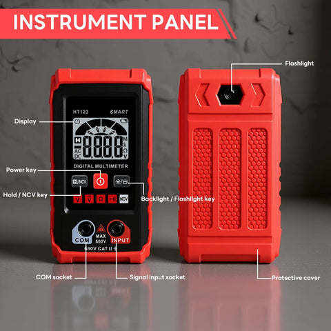 Front and back view of Digital Multimeter With Auto Ranging And NCV Non Contact Voltage Tester, Handy Voltage And Resistance Meter.