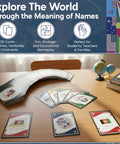 Fun Geography And History Game With 225 Country Names And Capitals Flash Cards displayed on a classroom table with globes.