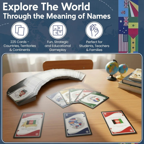 Fun Geography And History Game With 225 Country Names And Capitals Flash Cards displayed on a classroom table with globes.