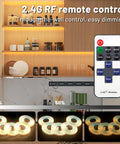 WiFi LED Strip Lights for Wood Slat Wall Panels, remote control, dimming options, LED strips lit at varying intensities on shelves