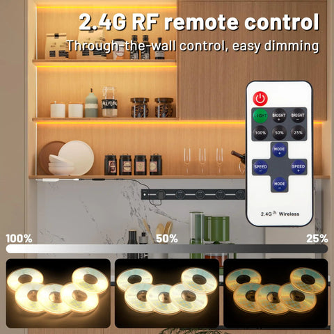 WiFi LED Strip Lights for Wood Slat Wall Panels, remote control, dimming options, LED strips lit at varying intensities on shelves