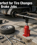 2 In 1 Bottle Jack Adapter With Triple Lock for RV tire change, tools, trailer axle, red jack in garage setting.