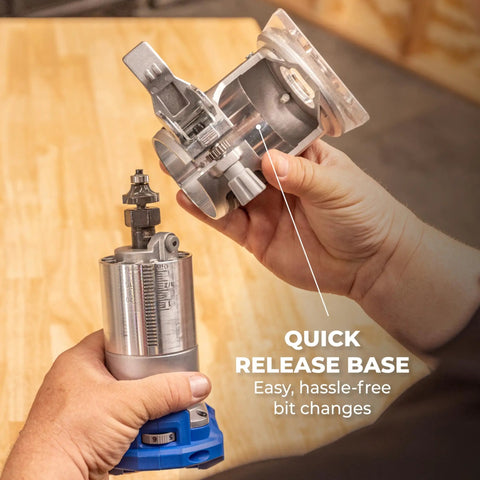 User demonstrating quick release base of Slick Action 20V Cordless Trim Router Featuring Micro Adjustment Dial And Dual Led Lights.