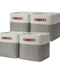 Set of 4 11 Inch Cube Storage Bins with PU leather handles, high capacity fabric baskets for standard cube organizers in white and grey