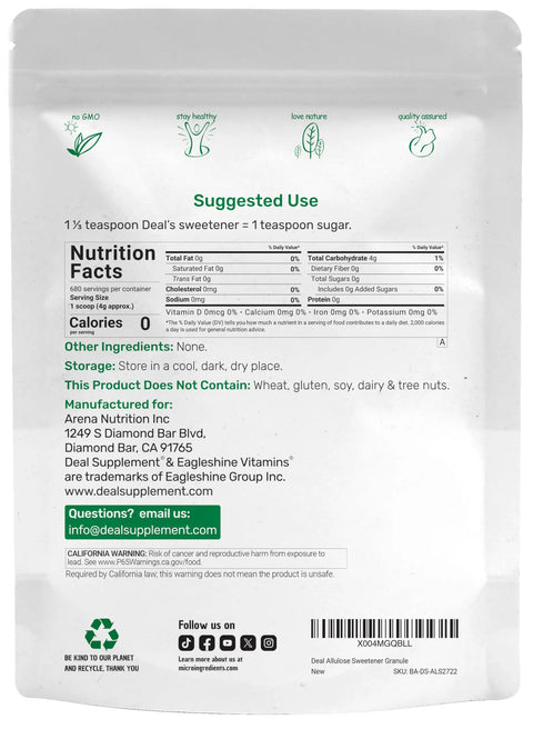 Sweetener 6 Pounds Natural Sugar Substitutes No Aftertaste Keto Friendly Vegan Zero Net Carb Zero Calorie product back view