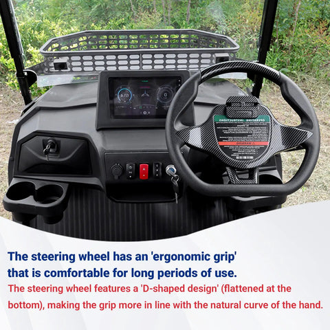 Interior view of 45 Mile Long Range 60V Electric Golf Cart 4 Seater showing ergonomic D-shaped steering wheel and digital dash.