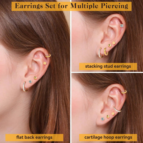 Hypoallergenic Flat Back Earrings Set For Women And Men With Multiple Piercings, 14K Gold Vacuum Plated 316L Stainless Steel Tiny Cubic Zirconia Studs And Cartilage Hoop Earrings, Unisex Gold CZ Hoop Plus Flat Back Stud on ear model
