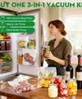 Woman using 3-In-1 Vacuum Sealer for Food Compatible With Vacuum Bags Mason Jars and Wine Bottles Handheld Saver Kit