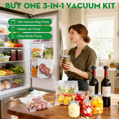 Woman using 3-In-1 Vacuum Sealer for Food Compatible With Vacuum Bags Mason Jars and Wine Bottles Handheld Saver Kit